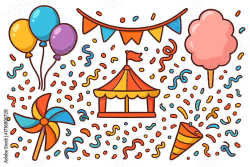 Carnival party cartoon vector set. Funfair celebration with circus tent, balloons, confetti, cotton candy, pinwheel. Festive doodle illustration for birthday invitation design.