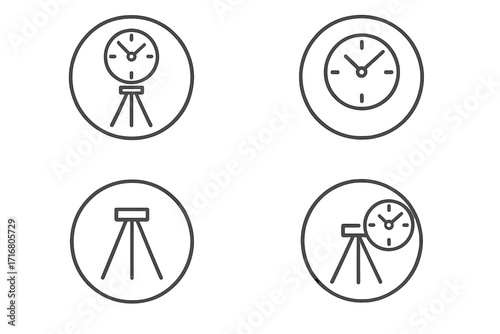 Geodetic survey icon set. Minimalist line art of theodolite, total station and clock. Engineering time management, construction project deadline. Geodesy vector signs.