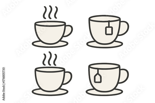Simple coffee cup with steam and tea cup with teabag icon collection. Hot drink and beverage symbols for cafe or restaurant. Isolated vector line art illustration.