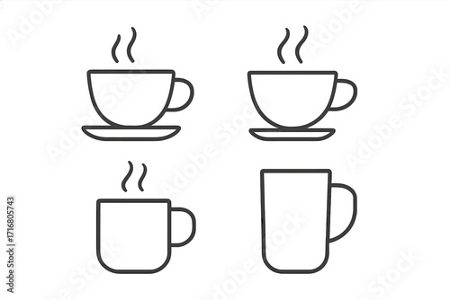 Coffee cup line art icon set. Minimalist tea mug collection. Vector pictogram for cafe menu. Simple outline symbol for hot drink, espresso, latte, beverage, cappuccino.
