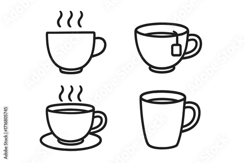 Coffee and tea cup line icon set. Minimalist vector illustration for cafe, coffee shop, and beverage logo. Hot drink, mug, teacup, and espresso symbols graphic design.