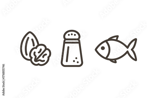 Food allergen icon set with nuts, fish, salt. Minimalist outline symbols for allergy warning on packaging. Vector ingredients pictogram for menu, restaurant, grocery.