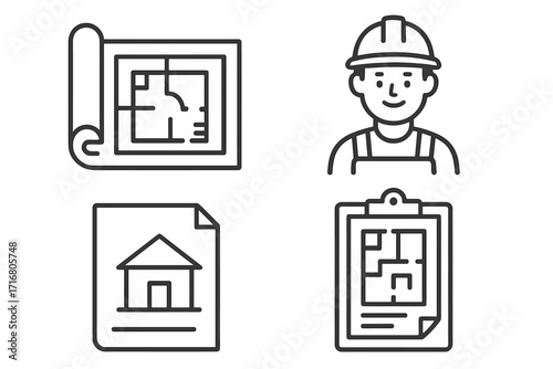 Building and construction icon set. Architect, worker, house plan, blueprint, clipboard. Home renovation, real estate, engineering, development project. Minimal line art vector.