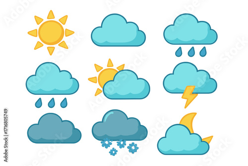 Weather forecast icons collection. Flat cartoon vector symbol set. Sun, cloud, rain, snow, lightning, storm, day, night. Meteorology and climate graphic element design.