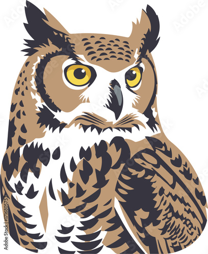  A detailed illustration of a Great Horned Owl, showcasing its striking features and intense gaze. 