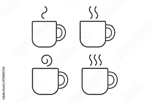 Minimalist line art coffee mugs set with steam. Vector icon collection of hot drink cups. Simple outline illustration for cafe menu, morning beverage or tea time concept.
