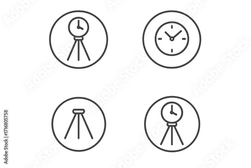 Time and measurement icon collection. Minimalist line art of clock on a tripod, wall clock, and survey stand. Vector symbols for deadline, timer, watch, geodesy concept.