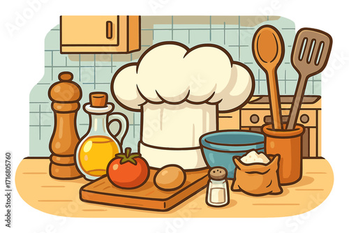 Cooking concept with chef hat, food ingredients and kitchen utensils. Vector cartoon illustration for culinary blog, recipe book or restaurant menu. Gastronomy and food prep.