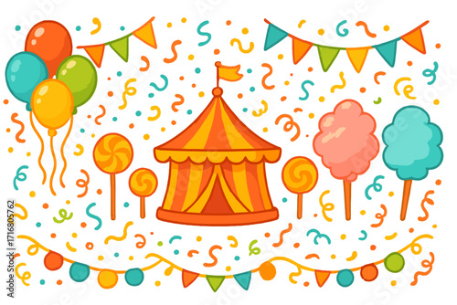 Carnival party vector set with circus tent, balloons, and cotton candy. Festive illustration for celebration or funfair. Amusement park decorative elements. Cute cartoon.
