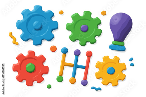 Clay gears cogs and lightbulb idea concept. 3D cartoon plasticine style. Innovation process. Mechanical thinking. Teamwork strategy. Car shift pattern drive change mechanism.