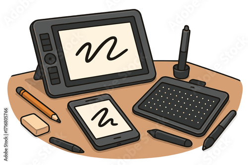 Creative tools for digital artist and graphic designer. Workspace with drawing tablet, stylus, pen, phone and pencil. Concept for creative job, art and illustration. Vector.