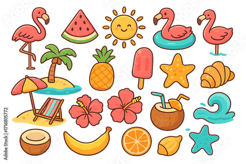 Cute summer beach icon set. Colorful cartoon vector collection with flamingo, tropical fruit, sun, and palm tree. Vacation travel doodle elements for stickers. Playful isolated illustration.