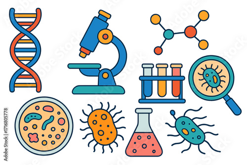 Science icon set. Biology, genetics, microbiology concept. DNA, microscope, molecule, bacteria, virus research. Laboratory equipment for medical analysis and chemistry experiment.