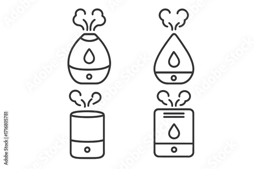 Humidifier line art icons set. Air diffuser, purifier and moisturizer vector illustration. Home appliance for wellness and comfort. Minimalist outline symbols with steam.