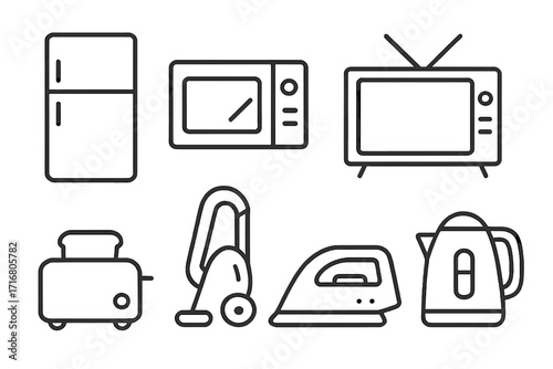 Household appliances vector icon set. Minimalist line art collection of home and kitchen electronics. Outline symbols for domestic life. Fridge, microwave, tv, toaster, vacuum, iron.