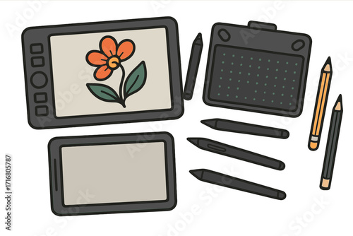 Digital drawing tools and graphic tablets for artists. Creative workspace with stylus, pen, and pencils. Vector cartoon illustration of designer equipment and art supplies.