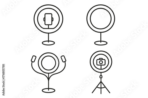Ring light line art icon set. Content creation equipment for vlogging, streaming, social media. Vector illustration for blogger, influencer. Professional photo and video lighting.