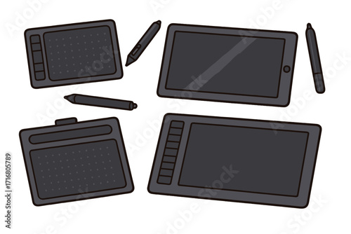 Digital drawing tablet and stylus pen set. Graphic designer tool. Illustrator equipment for digital art. Creative artist workspace. Vector icon collection of graphic tablets.