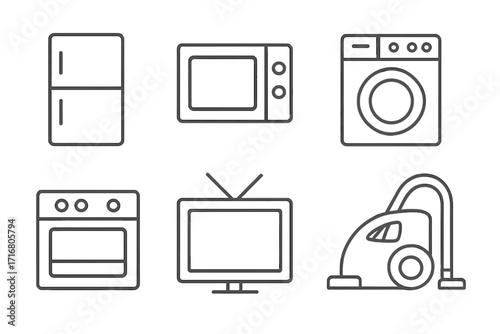 Household appliances line icon set. Home electronics and kitchen equipment collection. Vector outline symbols. Fridge, washing machine, microwave, oven, tv, vacuum cleaner.