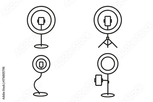 Ring light icon set for content creation. Minimalist line art of selfie lights with phone holders for vlogging, streaming, and social media. Vector illustration of video lamps.