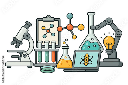 Science research lab concept. Chemical, biological experiment equipment. Microscope, test tubes, molecule, robotic arm with lightbulb idea. Vector discovery, innovation, analysis.