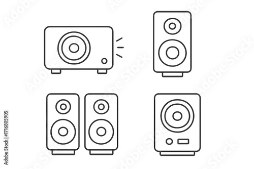 Speaker line icon set. Audio equipment for sound system, music, and home entertainment. Minimalist vector illustration of woofer, stereo, and subwoofer speakers. Loudspeaker.