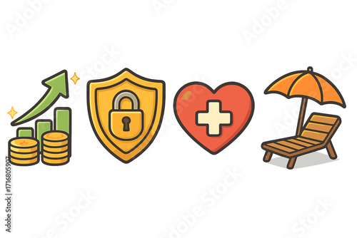 Modern lifestyle icon set with financial growth, data security, healthcare, and relaxation symbols. Vector concepts for investment, insurance, health, and retirement planning.