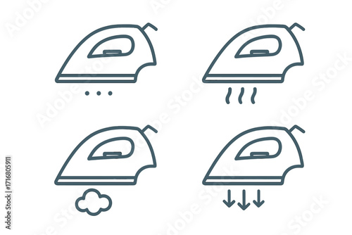 Iron icon set. Minimalist outline icons of a household iron with steam, water drops, and pressing functions. Vector collection of laundry service and home appliance symbols.