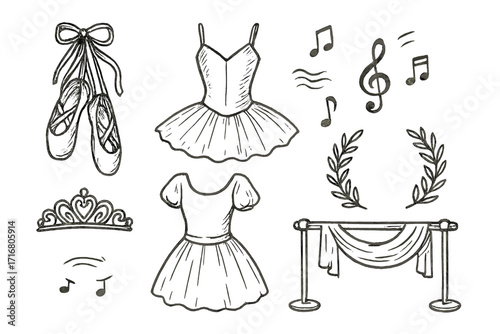 Hand drawn ballet elements set. Vector doodle illustration of pointe shoes, tutu dress, barre, tiara, music notes. Classical dance icons for design, sticker, or poster.