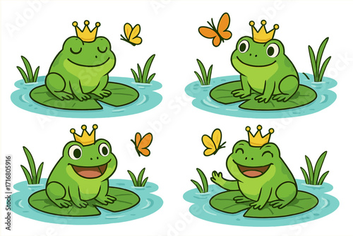 Set of cute cartoon frog princes with golden crowns on lily pads. Vector illustration collection of happy, smiling amphibian characters in a pond with butterflies. Fairy tale concept.