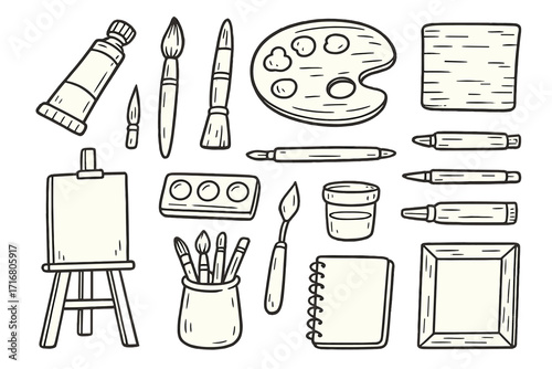 Artist doodle set with art supplies and tools. Hand-drawn vector cartoon illustration. Creative hobby collection with paint, brush, easel, palette, and sketchbook.