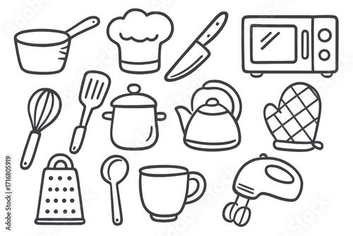 Hand drawn kitchen tools doodle set. Vector cartoon illustration of chef equipment and appliances. Cooking utensil icons collection for restaurant menu or culinary design.