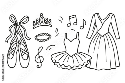 Set of hand drawn ballet elements. Doodle vector illustration of pointe shoes, tutu dress, tiara, music notes. Dance performance accessories, costumes for classical art design.