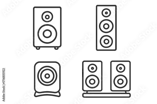 Speaker line art icon set for audio technology and home entertainment. Vector illustration of a sound system, stereo speakers, woofer, music player, and acoustic equipment.