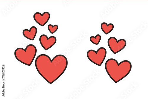 Love hearts vector set. Red heart icon collection for Valentine's Day. Romantic passion symbol. Cute cartoon doodle illustration for social media. Affection and emotion graphic.