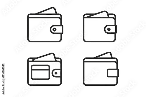 Minimalist wallet icons set in a simple line art style. Vector collection of purse and money holder symbols for finance, payment, and business concepts. Thin outline design elements.