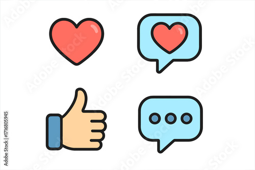 Social media icon set. Like, comment, love, follow symbols. Digital engagement and interaction signs. Thumbs up, heart, and chat bubble for web and app. Vector cartoon.