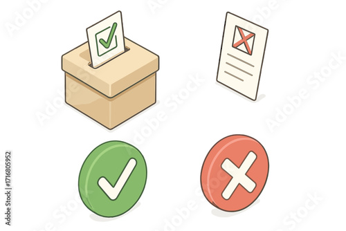 Isometric voting icon set with ballot box, yes no checkmark and cross symbols. Vector illustration for election, poll, survey, and decision making. Choice concept.