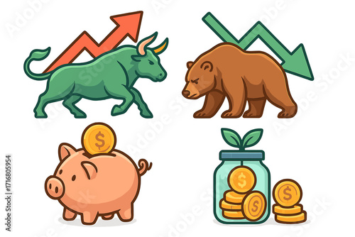 Bull and bear market stock exchange trading concept. Financial investment, savings, and economic growth icons. Piggy bank, money jar, uptrend and downtrend arrow symbols.