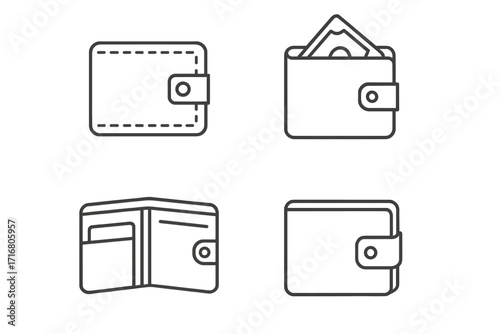 Wallet line icon set. Money, cash, and payment symbols. Minimalist vector illustration of open and closed purse, billfold with dollar. Finance, business, savings concept.