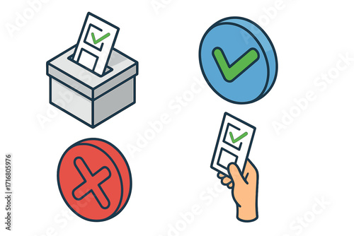 Isometric voting icons set. Ballot box, paper, check mark and cross symbols for election or survey. Vector cartoon illustration for democracy, choice, and decision making.