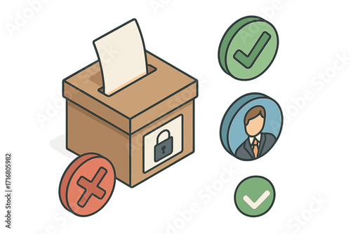 Isometric voting icons set. Ballot box with vote paper, secure lock symbol. Election concept with candidate icon and choice buttons like yes and no or approve and reject.