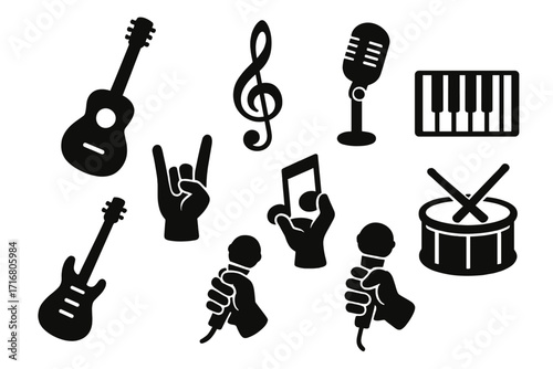 Music icons set. Rock band instruments. Vector silhouette of guitar, microphone, piano, drums, hands. Karaoke, concert, festival graphic elements. Musician sound symbols.