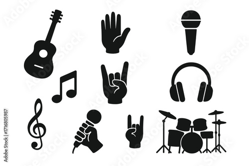 Music icons set rock band concept. Vector silhouette illustration of musical instruments. Guitar, drums, microphone, headphones signs. Concert festival symbols. Hand gesture.