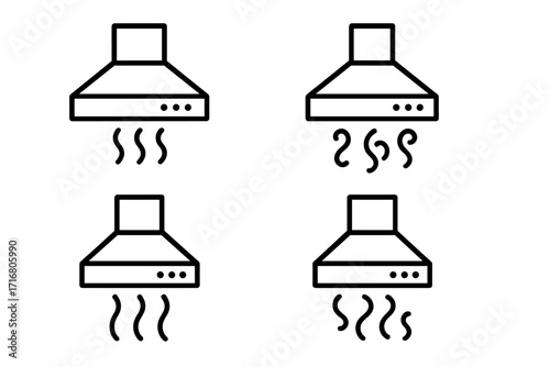 Kitchen exhaust fan icon set line art. Cooker hood, extractor, vent symbol. Cooking ventilation with steam and smoke. Home appliance vector illustration for web design.