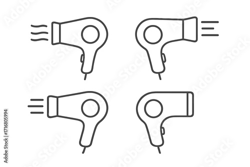 Hair dryer icon set. Blow-dryer symbol. Thin line style graphic. Beauty salon, barbershop equipment. Vector illustration. Hair care, styling appliance. Outline pictogram collection.