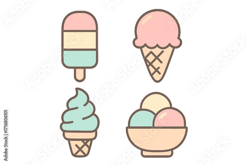 Set of cute ice cream icons in pastel colors. Vector cartoon illustration of summer desserts like popsicle, soft serve, and sorbet scoops. Sweet food collection for design.