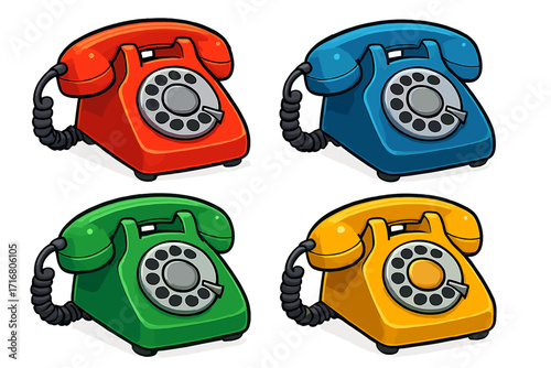 Retro rotary telephone set in vibrant colors. Vector cartoon illustration of classic vintage phones. Old communication technology icon collection. 3D style landline phone.