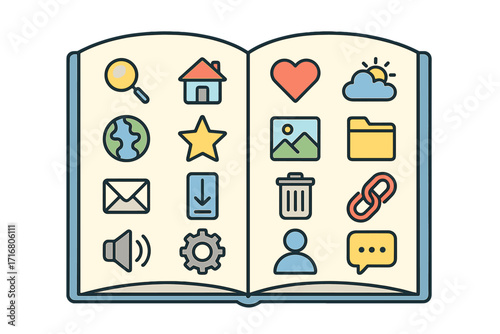 Set of user interface icons in open book. Web design elements pictogram collection. Concept for online education, manual, guide or UI library. Vector cartoon illustration.