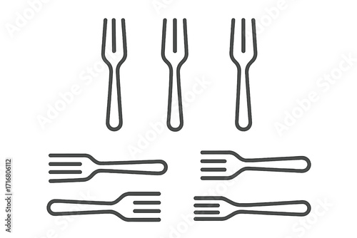 Set of minimalist fork icons in a simple line art style. Vector illustration of cutlery for dining, restaurant, or kitchen concepts. Clean, modern utensil pattern.
